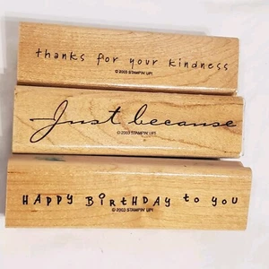Set of 3 Stampin' Up Sayings Wood Block Stamps Just Because Happy Birthday Thank - Picture 1 of 13