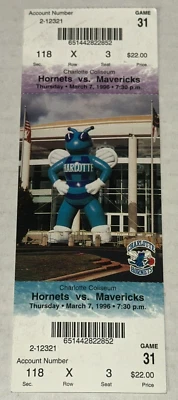 Charlotte Hornets Mavericks Mavs NBA Ticket Stub Jason Kidd Glen Rice  3/7/1996 - Image 1 of 2