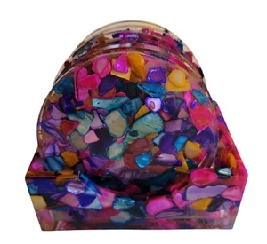 Set of 6 Drink Coasters Multi Color Natural Seashell Chips and Resin Holder - Picture 1 of 8