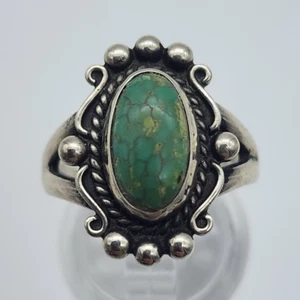 VTG Fred Harvey Navajo - Green Turquoise Bead Scroll Wire Sterling Ring - 6.75 - Picture 1 of 10