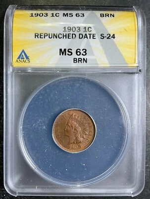 ANACS MS63BN 1903 Indian Head Cent Snow 24 S-24 RPD Repunched Date Mint Error AE - Image 1 of 2