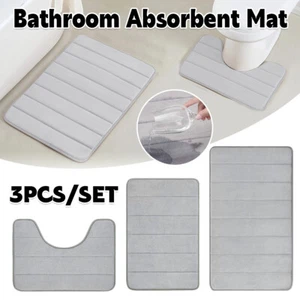 Striped Floor Mat Set Three Piece Bathroom Toilet Water Absorbing Carpet Rug - Picture 1 of 12