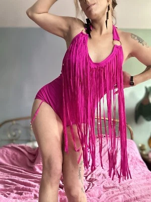 Bright Magenta Fuchsia Pink Fringe Swimsuit Size Extra Large / 10 / 12 - Image 1 of 4