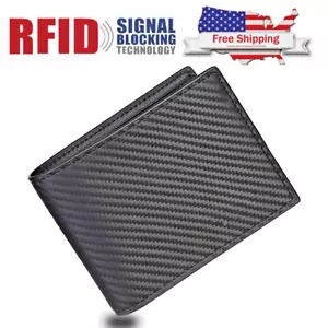 Genuine Leather Slim Wallet RFID Blocking Men Carbon Fiber Bifold Card ID Holder - Picture 1 of 10