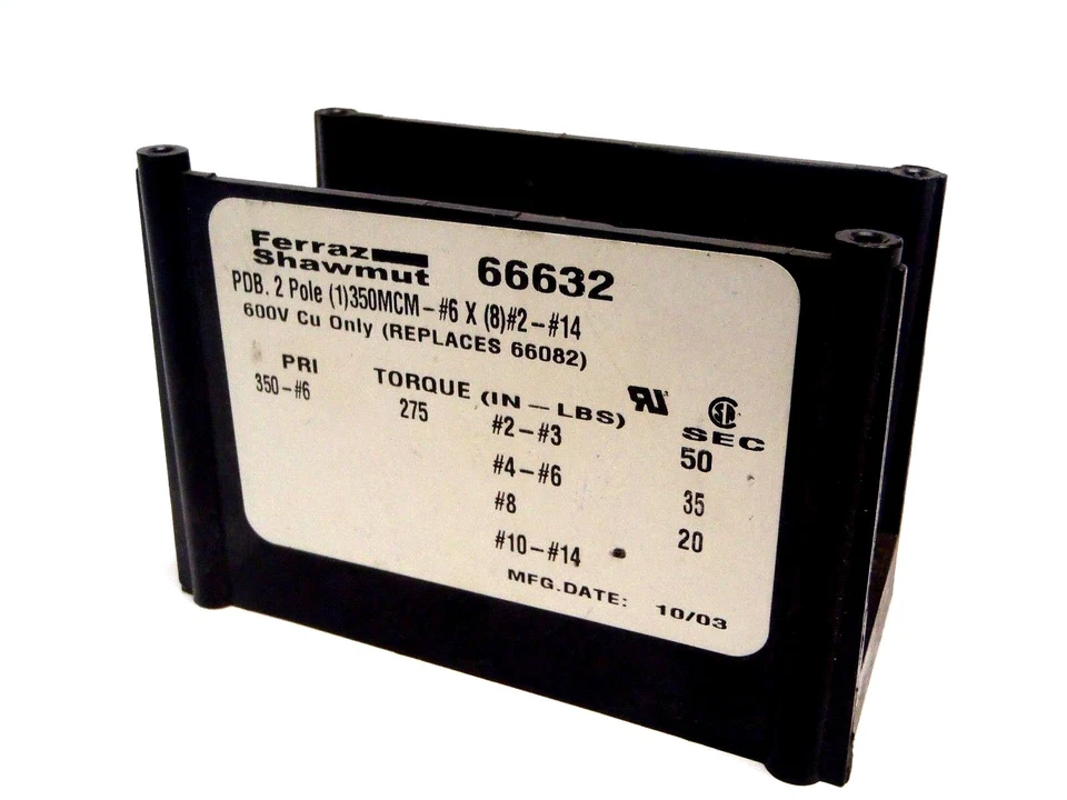Ferraz Shawmut 66632 2 Pole 1 350mcm-#6 x (8)#2-#14 Wire Distribution Block 600V - Image 1 of 4