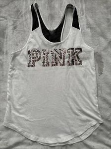 Camiseta sin mangas rosa Victoria's Secret blanca espalda cruzada para mujer M dorado rosa lentejuelas logotipo - Imagen 1 de 7