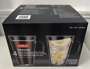 Bodum Canteen Double Wall Glasses with Handle 4 Pack 13.5 Oz. Coffee Beverage. ￼