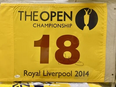 Bandera de golf firmada por Rory McIlroy del Abierto Británico certificado de autenticidad JSA 2014 Foto 1 de 3