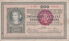 200 KORONA FINE-VF OVERPRINTED BANKNOTE FROM HUNGARIAN KINGDOM 1920 PICK-28a