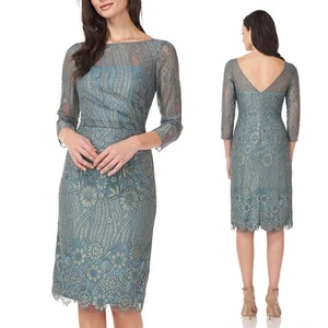 NEW JS Collections Illusion Lace Cocktail Dress Sage Gold Sz 14 Floral Metallic - Picture 1 of 14