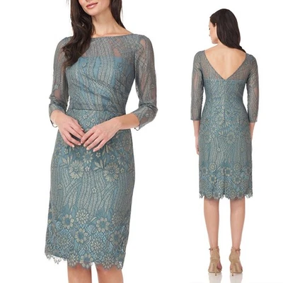 NEW JS Collections Illusion Lace Cocktail Dress Sage Gold Sz 14 Floral Metallic - Image 1 of 4