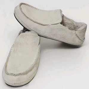 Olukai Womens Off White Cream Suede Real Shearling Nohea Slippers Shoes Sz 8 GUC - Picture 1 of 17