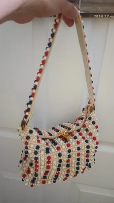 Vtg. Lumured Crochet Red,White Blue Beaded Handbag Made In U.S.A   1950's - Image 1 of 4