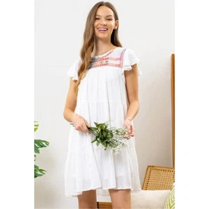 Abito donna blu pepe lino ricamato boho a strati bianco taglia S NUOVO - Foto 1 di 11