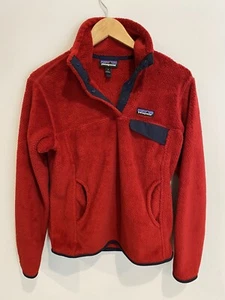 Patagonia Fleece Womens Small Pullover Jacket Red EUC Navy Trim Pockets - Picture 1 of 5