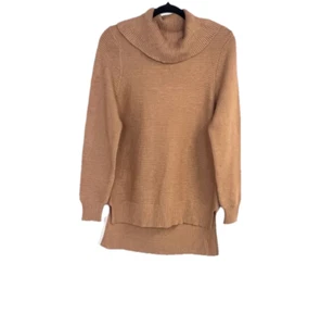 Turtleneck Sweater Women's Side Slit Cowl Neck Long Sleeve Camel Top Soft Cozy - Picture 1 of 8