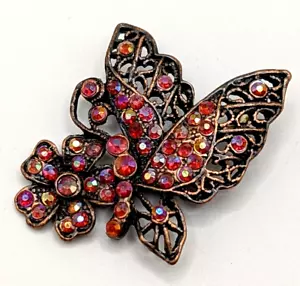 Vintage Butterfly w/ Flower Brooch/Pin Pink Rhinestones Unsigned Bronze Tone VGC - Picture 1 of 8