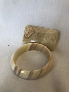 NATURAL Cream & Brown Natural Stone Agate Wide Bangle And Belt Buckle - Picture 1 of 13