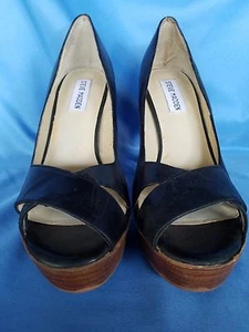 Steve Madden Black Leather Stacked Heel Open Toe Platform Pump Size 8M 4” Heel - Picture 1 of 8