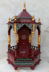 tempio in legno Dark Maroom + tempio oro da parete Pooja Mandir legno. Pooja - Foto 1 di 7