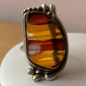 VINTAGE 925 STERLING BALTIC AMBER MODERNIST RING - Picture 1 of 15