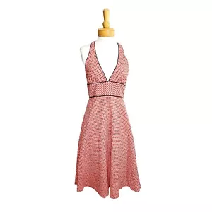 J Crew Halter Sundress Red & White Print Blue Trim V-Neck Casual Party Beach 8 - Picture 1 of 6