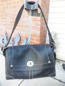 COACH Hampton Flap Handbag Black Pebbled Leather Medium Size Shoulder Bag F13957