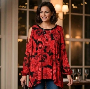 Catherines 3X P Red Black Dark Rose Pleated Beaded Tunic Top Whimsigoth Fairy - Picture 1 of 12