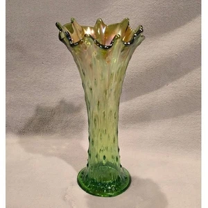 Vintage Northwood Green Tree Trunk Carnival Glass Vase Fluted Ruffled Rim 10" - Picture 1 of 4