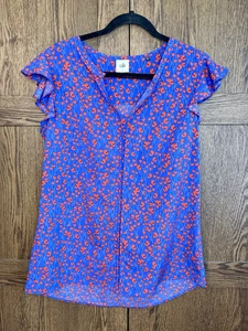 Cabi Cherish Top Flutter Cap Sleeve Violet & Poppy Red Sz. Small Floral Blouse - Picture 1 of 6