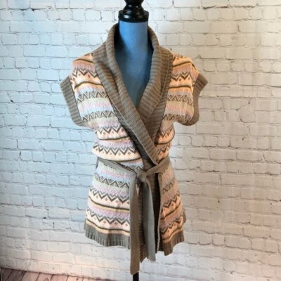 The Limited Belted Cardigan Sweater Cap Sleeve Vest Tan Pink Stripes Small - Image 1 of 4