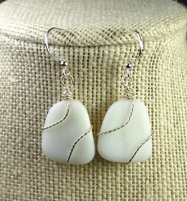OPAQUE WHITE Cultured sea glass Handwrapped w twisted silver wire drop earrings - Image 1 of 3