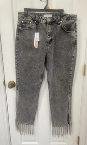 Topshop Women’s Jeans Diamond FringeEmbellished Hem Straight Gray Size 32 Bling - Picture 1 of 9