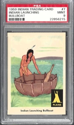 1959 Indian Trading Card #7 Indian Launching Bullboat PSA 9 Mint 22856215 - Image 1 of 2