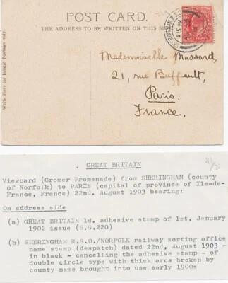 GB „SHERINGHAM.R.S.O / NORFOLK“ double circle 27mm on very fine vintage postcard - Image 1 of 4