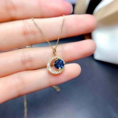 2 Ct Round Cut Blue Topaz Women's Pendant With Free Chain 14k Yellow Gold Finish - Image 1 of 4
