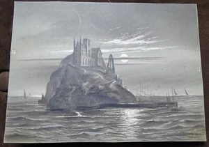 Arthur Cumming 1874 etching ? Castle on Rock in Moonlight Ocean Scene 5x7"  - Picture 1 of 5