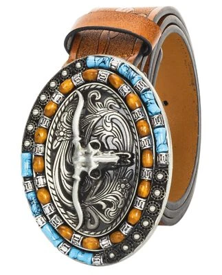 Hombres Mujeres-Occidental-Vaquero-Cuero-Cinturones-Patrón Longhorn Hebilla Cinturón Floral Top Foto 1 de 4