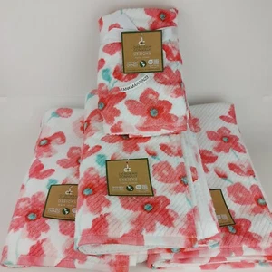 5pc 3 Bath Towels & 2 Hand Towels Deborah Connolly Flowers Coral White - Picture 1 of 12