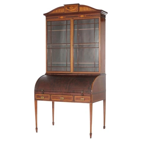 Antique George III Hepplewhite Inlaid Mahogany Roll Top Secretary Desk, C1820 Cover