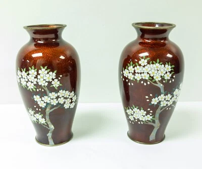 Antiguo par japonés vintage de jarrones Ginbari Cloisonne Yamamoto Foto 1 de 4