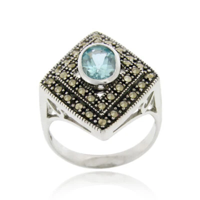 925 Silver Blue Topaz & Marcasite Diamond Shape Ring S6 - Image 1 of 3