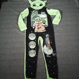 Star Wars Pajamas Boy 8 Green Black Yoda One Piece Union Suit Hooded Mandalorian - Picture 1 of 12