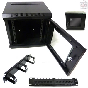 10" 6U Black Wall Cabinet + 12 Way Patch Panel + Ring Tidy 300mm Data Comms Rack - Picture 1 of 10