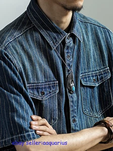 Men's Spring Denim Striped Shirt American Vintage Denim Washed Short Sleeves - Picture 1 of 8