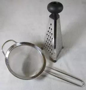 Lovely Vintage Triangle / Pyramid 3 Sided Grater & Large Metal Sieve - Picture 1 of 8