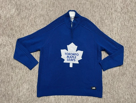 NHL Mens L Pullover Sweater Toronto Maple Leafs Royal Blue Knit 1/4 Zip EUC D2 Cover