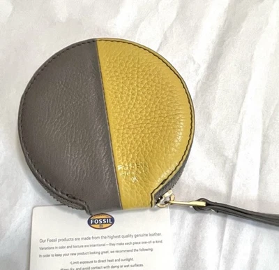 FOSSIL Sofia Zip Leather Zip Coin Case - lead gray/yellow 4” round Wallet NEW - Image 1 of 4