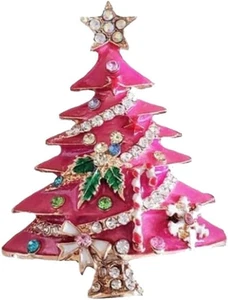 Rosa Weihnachtsbaum Strass Brosche - Vintage Hutnadel Emaille Schmuck Anstecknadel - Bild 1 von 11