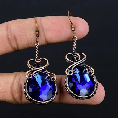 Pendientes de topacio azul Londres hechos a mano piedras preciosas alambre de cobre envueltos joyería Foto 1 de 4
